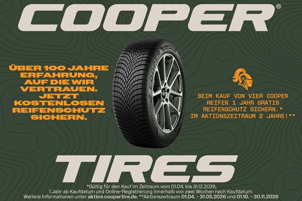 Beim Kauf von vier Cooper Reifen Gratis Reifenschutz sichern.